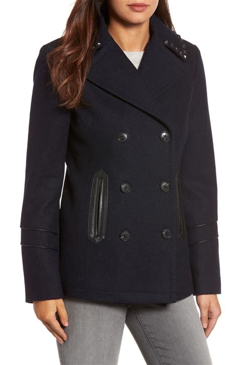 michael michael kors faux leather trim wool blend peacoat|michael kors wool peacoat.